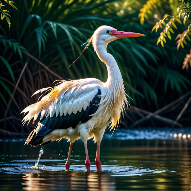 Foto de uma cegonha em um colete na água