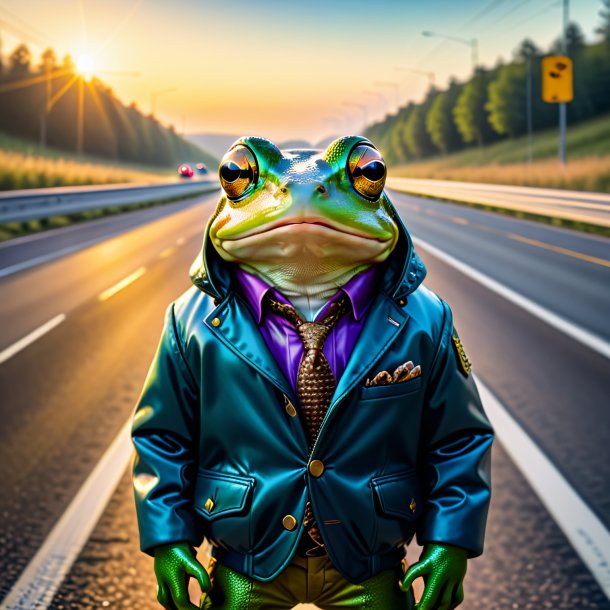 Image of a frog in a jacket on the highway