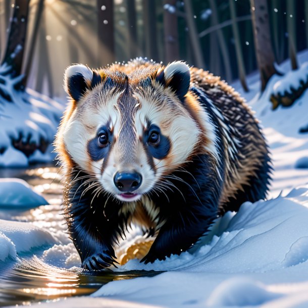 Image of a swimming of a badger in the snow