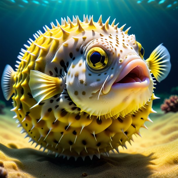 Picture of a pufferfish in a yellow sweater