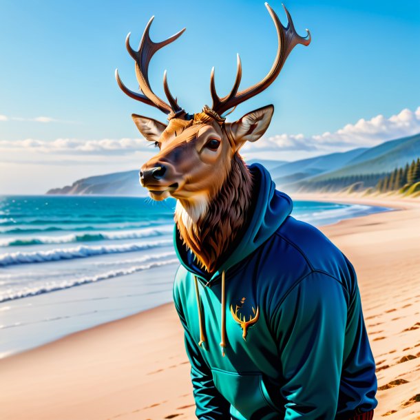 Photo d'un wapiti dans un sweat à capuche sur la plage