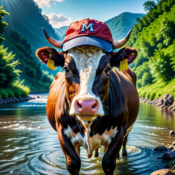 Foto de uma vaca em um boné no rio