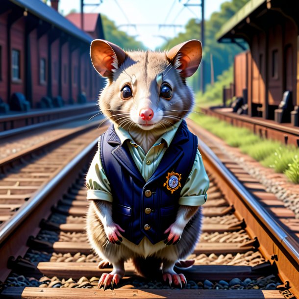 Illustration of a possum in a vest on the railway tracks