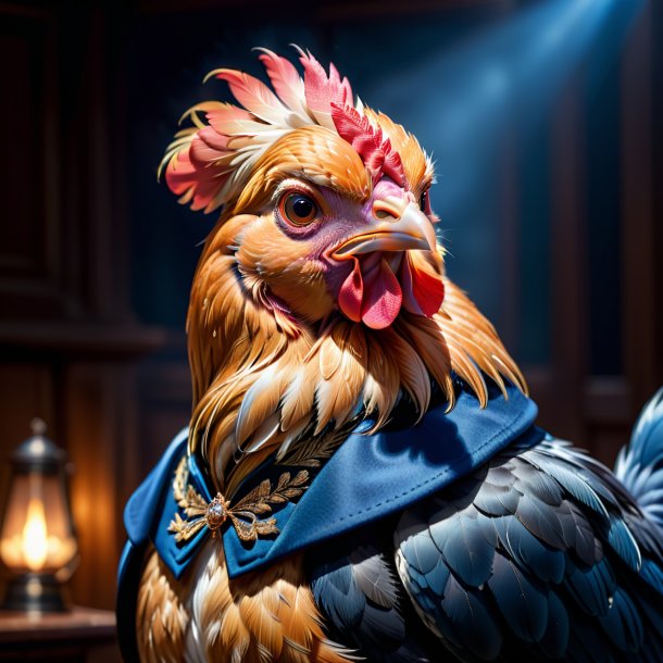 Foto de una gallina en un abrigo azul