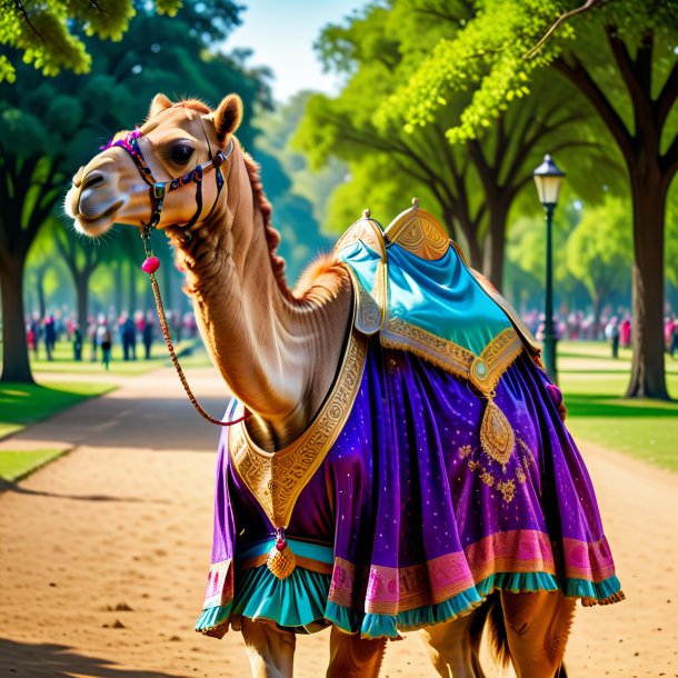 Picture of a camel in a dress in the park