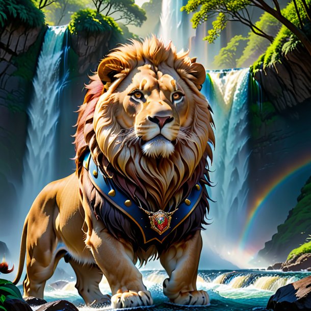 Pic of a lion in a belt in the waterfall