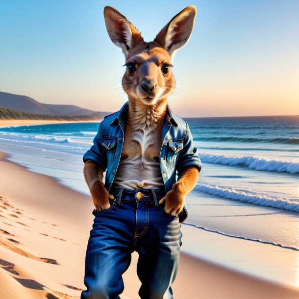 Foto de un canguro en jeans en la playa