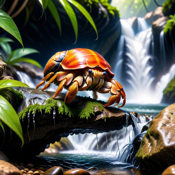 Photo of a hermit crab in a trousers in the waterfall