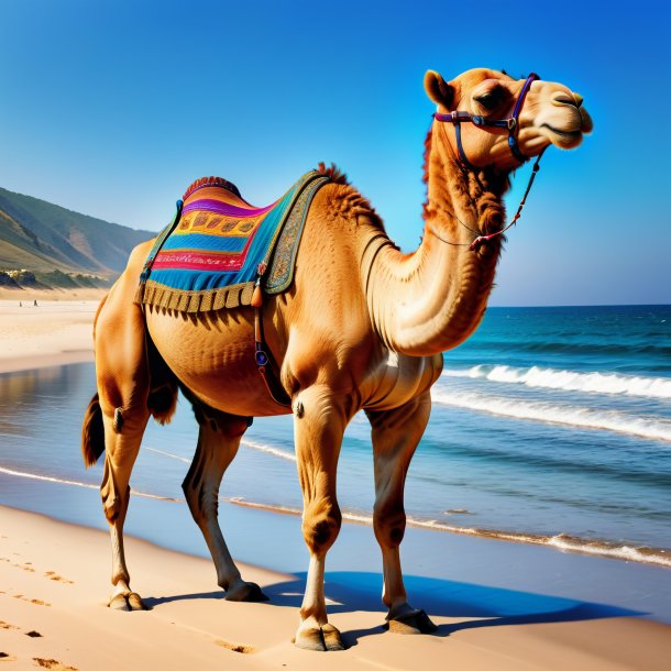 Foto de un camello en pantalones en la playa