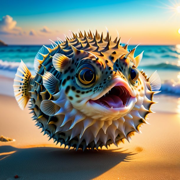 Photo of a dancing of a pufferfish on the beach