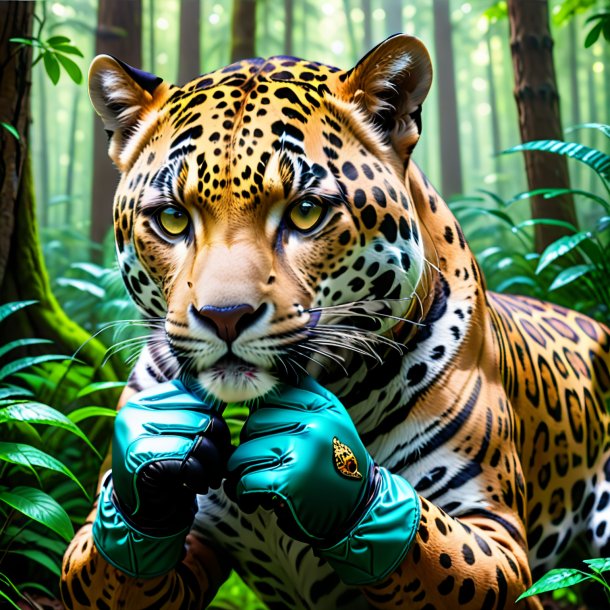 Foto de un jaguar en guantes en el bosque