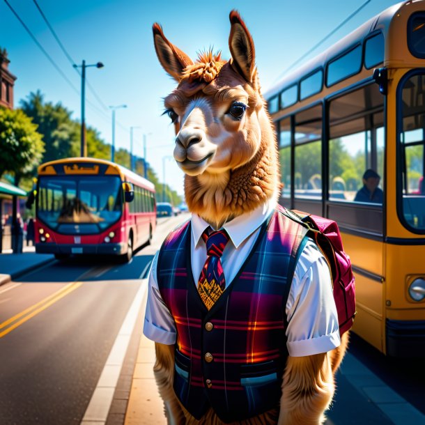 Imagem de uma lhama em um colete no ponto de ônibus