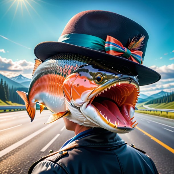 Pic of a salmon in a hat on the highway