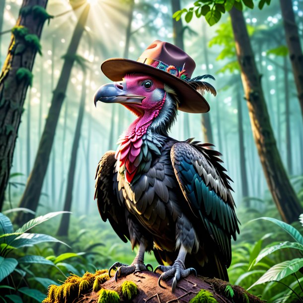 Image of a vulture in a hat in the forest