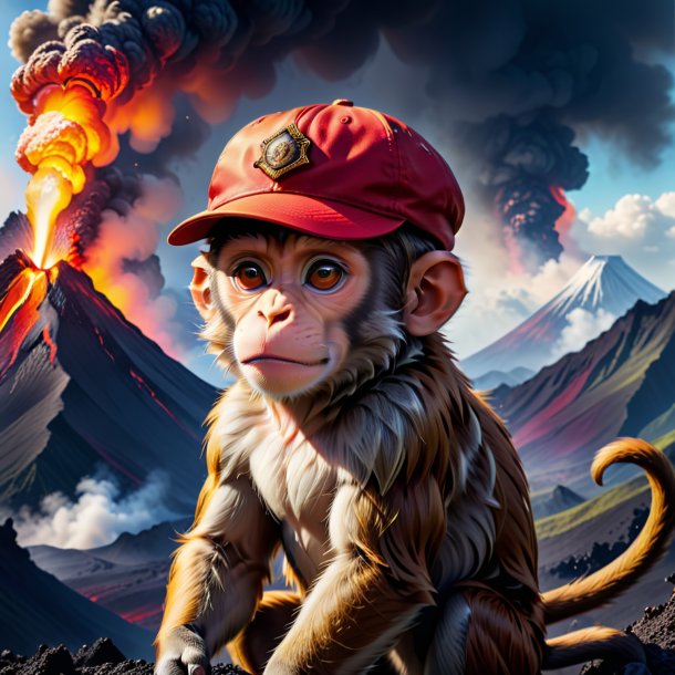 Picture of a monkey in a cap in the volcano