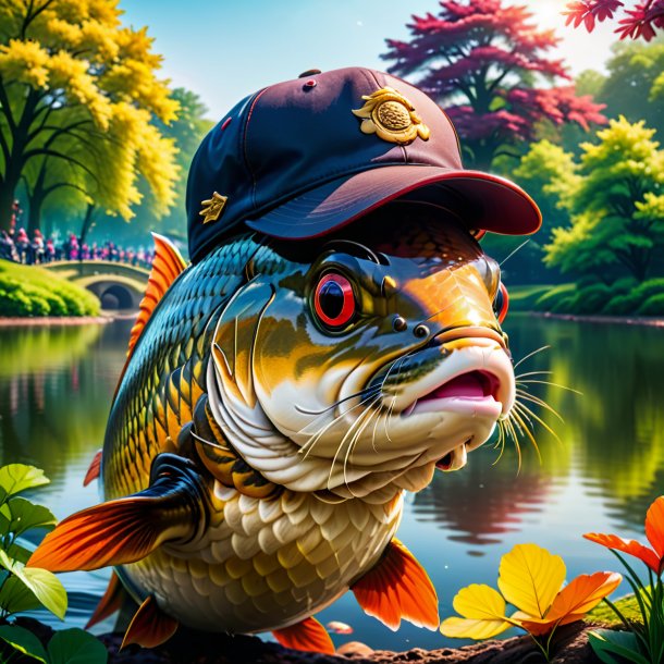 Picture of a carp in a cap in the park