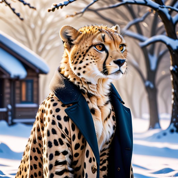 Picture of a cheetah in a coat in the snow