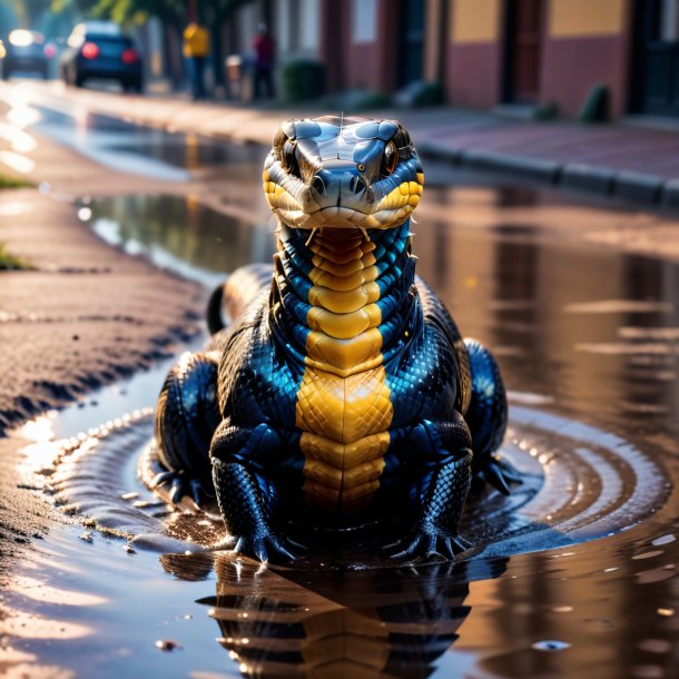 Photo of a cobra in a vest in the puddle