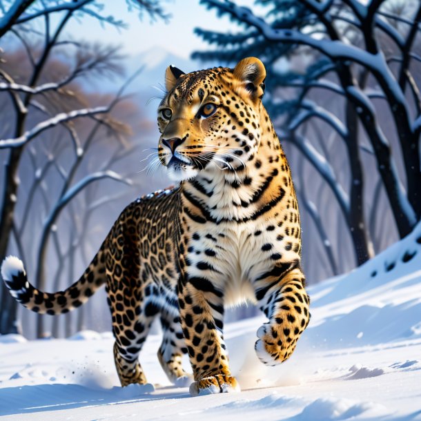 Pic d'une danse d'un léopard dans la neige