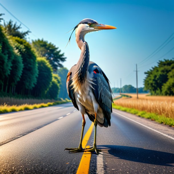 Pic d'une colère d'un héron sur la route