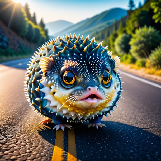 Photo d'un poisson soufflé dans un jean sur la route