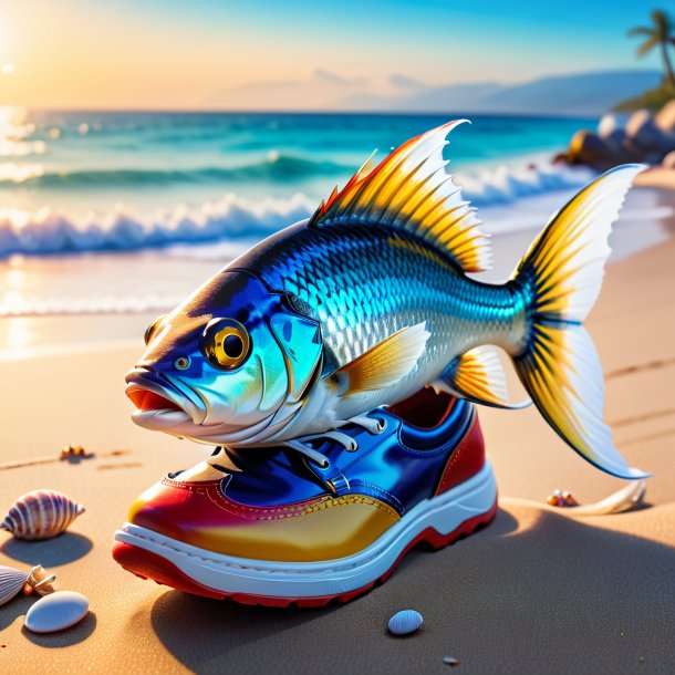 De um peixe em um sapatos na praia