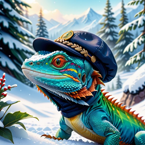 Illustration of a lizard in a cap in the snow