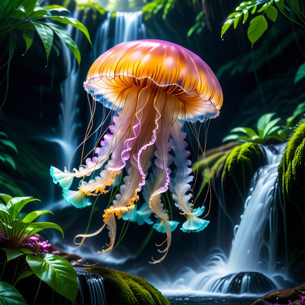 Image of a jellyfish in a gloves in the waterfall