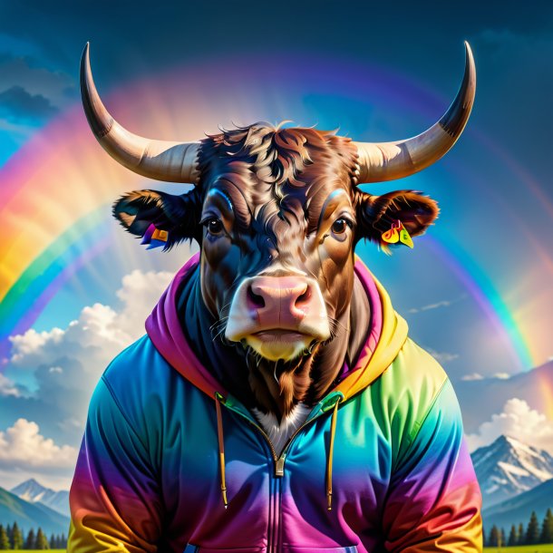 Image of a bull in a hoodie on the rainbow