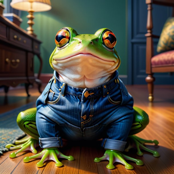 Photo of a frog in a jeans in the house