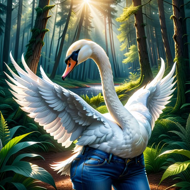 Drawing of a swan in a jeans in the forest