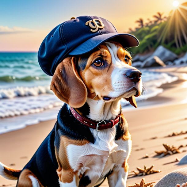 Foto de um beagle em um boné na praia