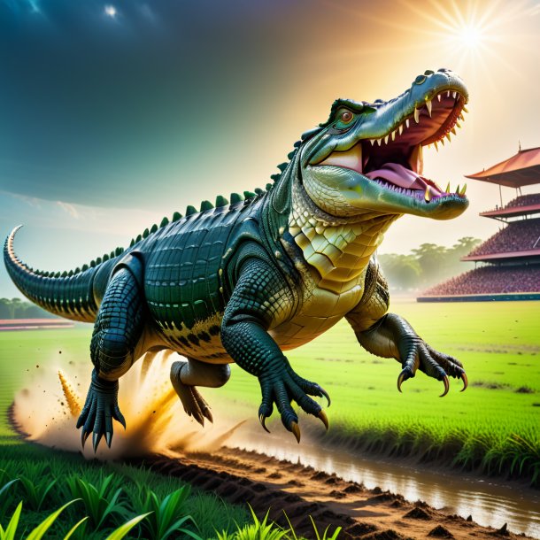 Image of a jumping of a crocodile on the field