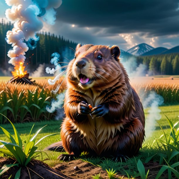 Picture of a smoking of a beaver on the field