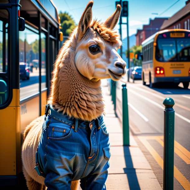 Imagem de uma lhama em um jeans na parada de ônibus