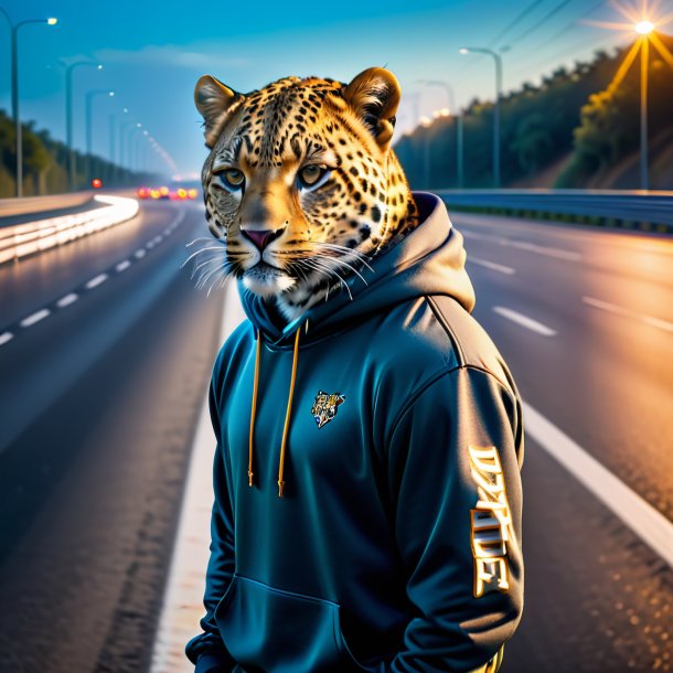 Picture of a leopard in a hoodie on the highway