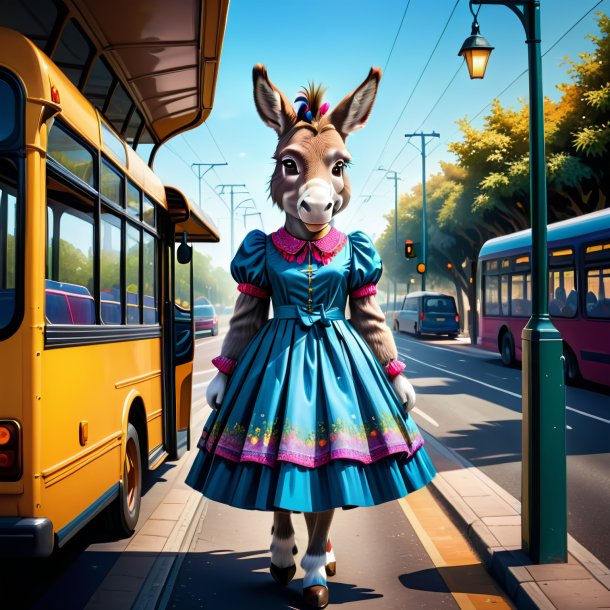 Ilustración de un burro en un vestido en la parada de autobús