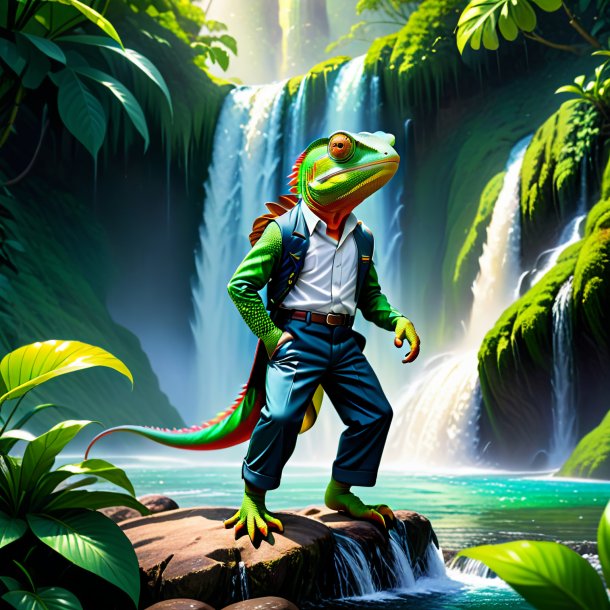 Illustration of a chameleon in a trousers in the waterfall