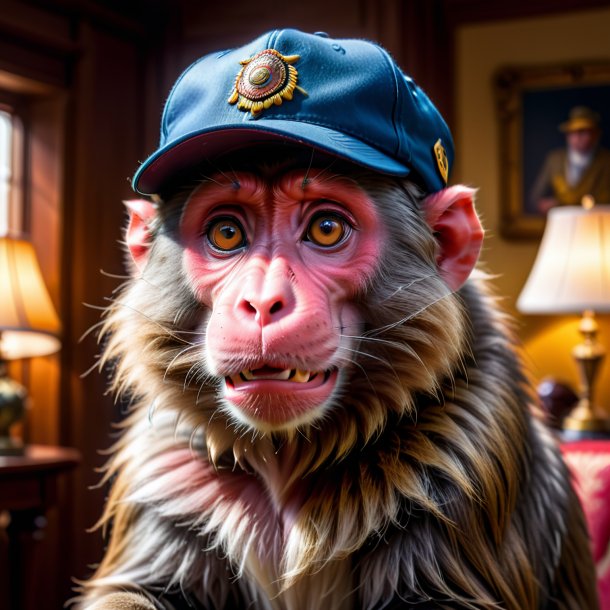 Photo of a baboon in a cap in the house