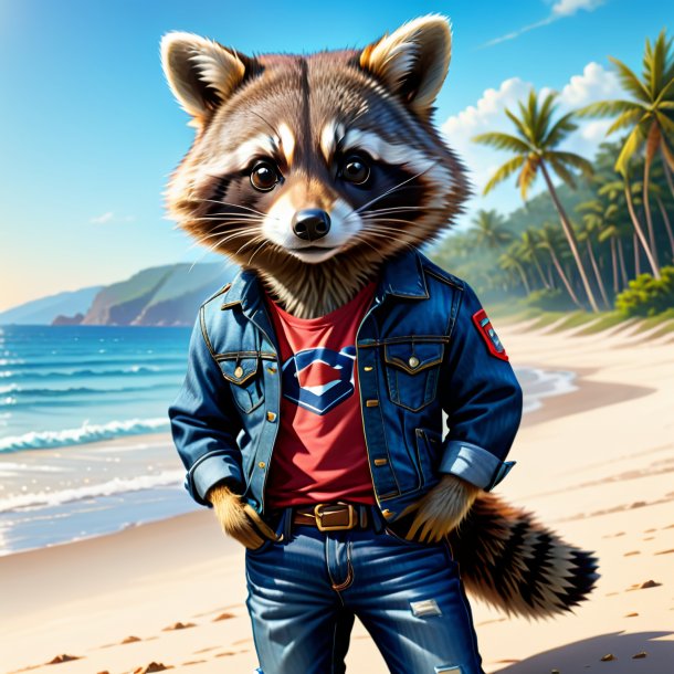 Illustration of a raccoon in a jeans on the beach