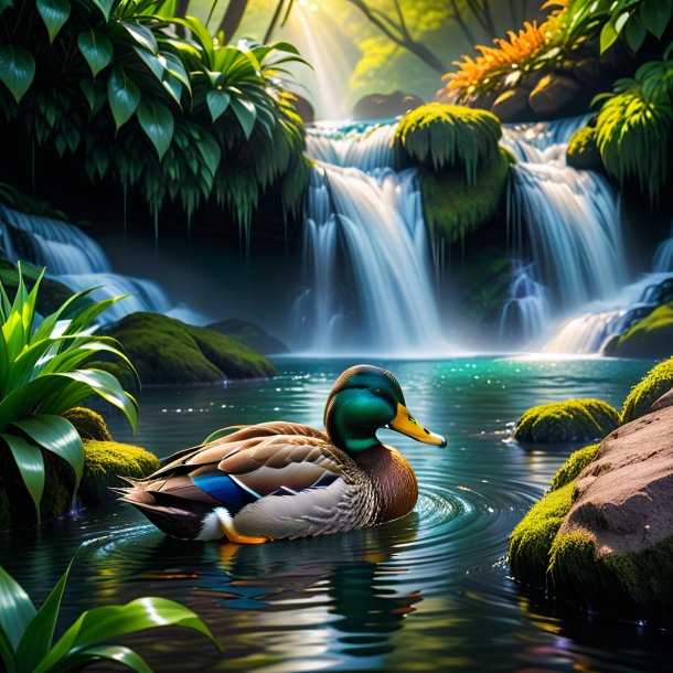 Image of a sleeping of a duck in the waterfall