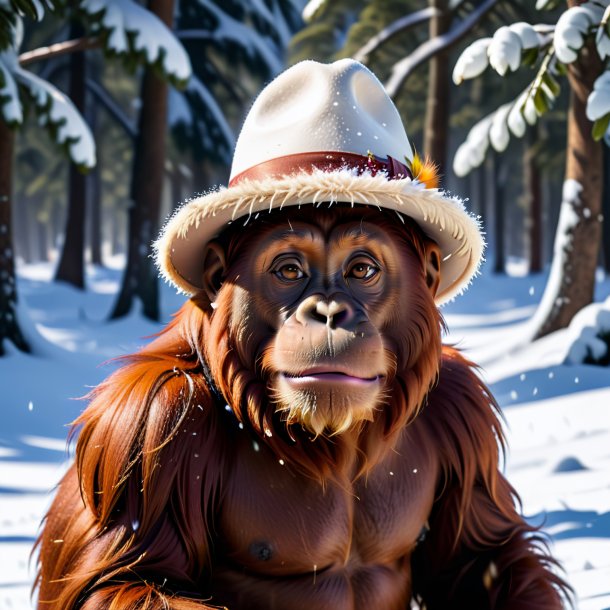 Image of a orangutan in a hat in the snow