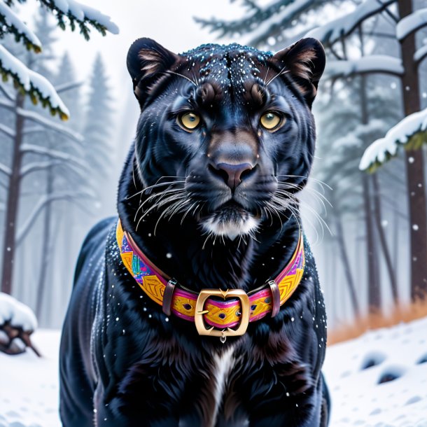 Photo of a panther in a belt in the snow