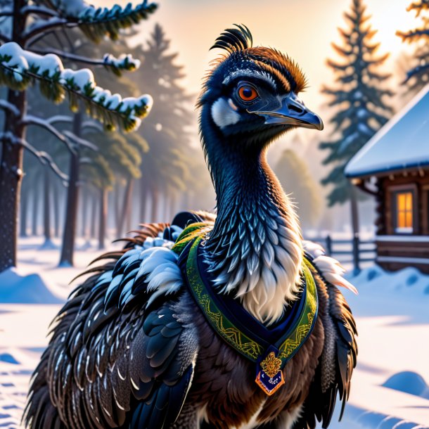 Picture of a emu in a vest in the snow