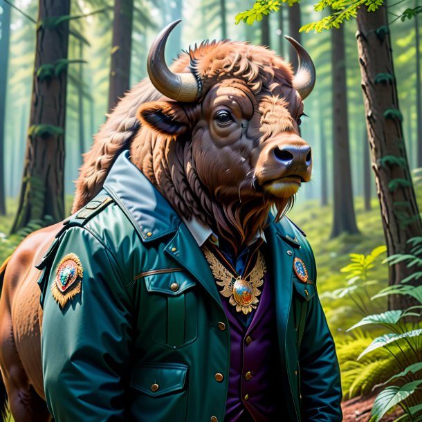 Picture of a bison in a jacket in the forest