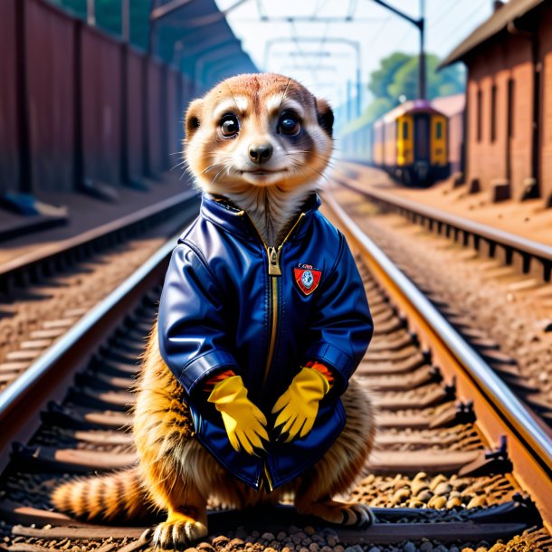 Photo of a meerkat in a gloves on the railway tracks