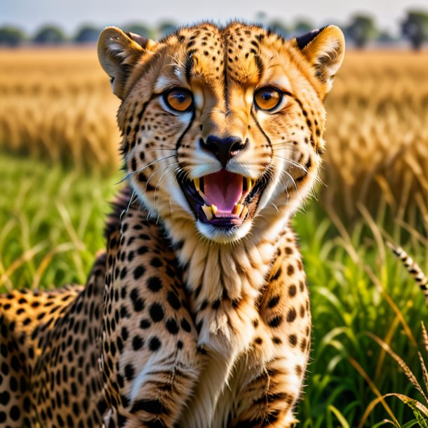 Photo of a smiling of a cheetah on the field