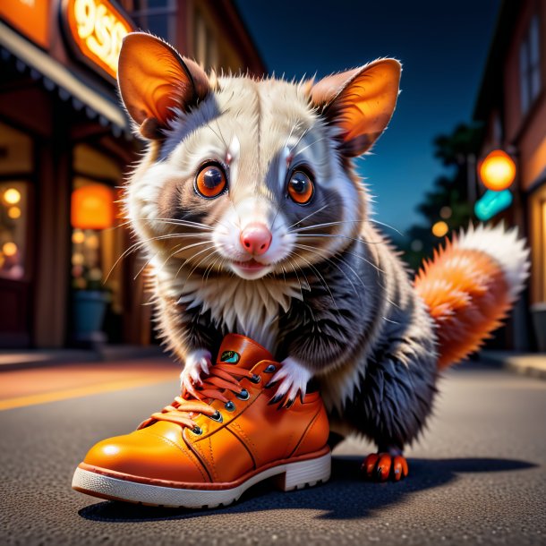 Pic d'un opossum dans une chaussure orange