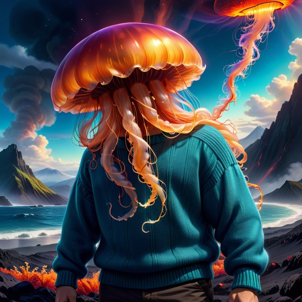 Drawing of a jellyfish in a sweater in the volcano