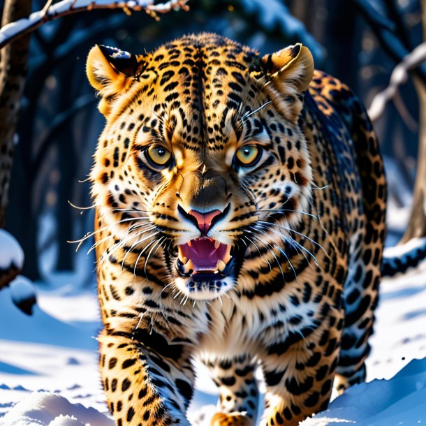 Picture of a angry of a leopard in the snow